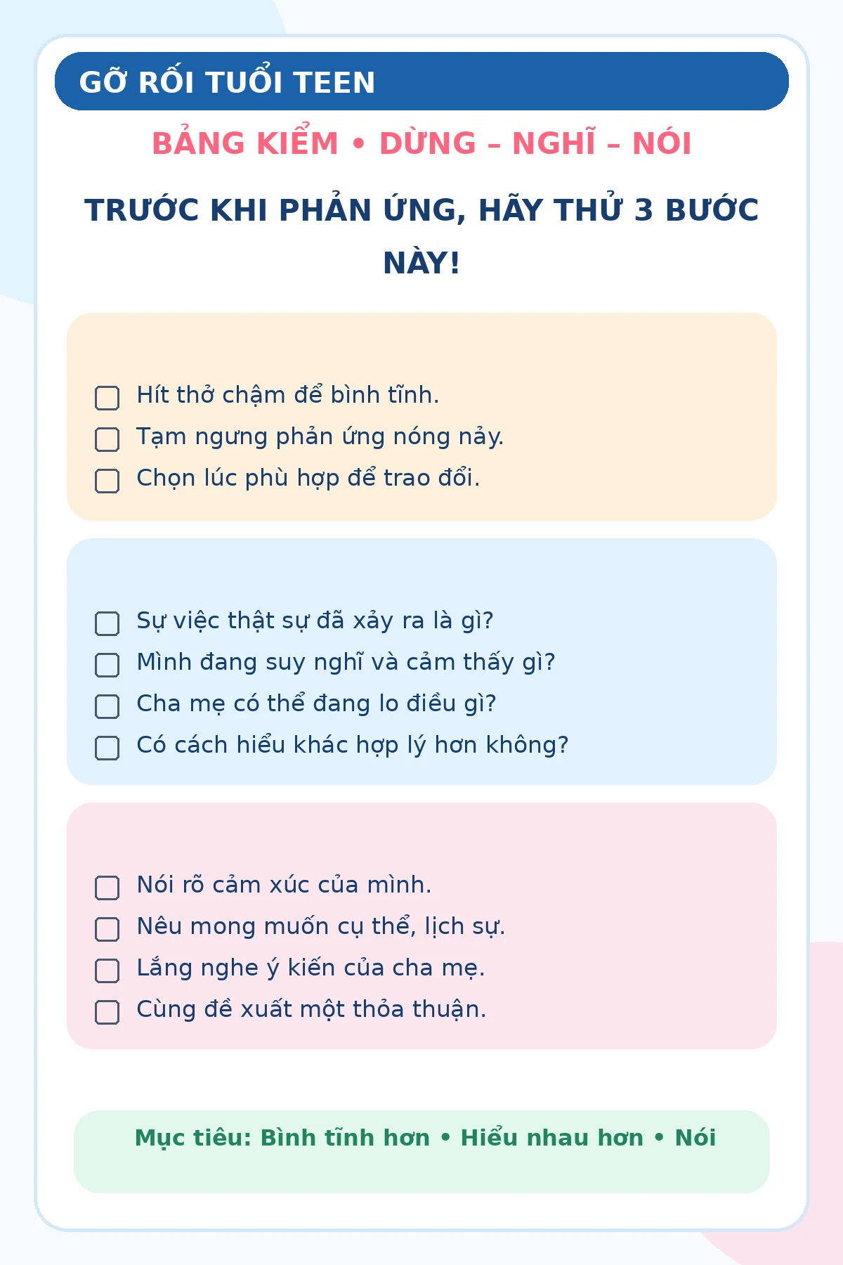 Bảng kiểm Dừng Nghĩ Nói gồm ba bước và ô tự đánh dấu