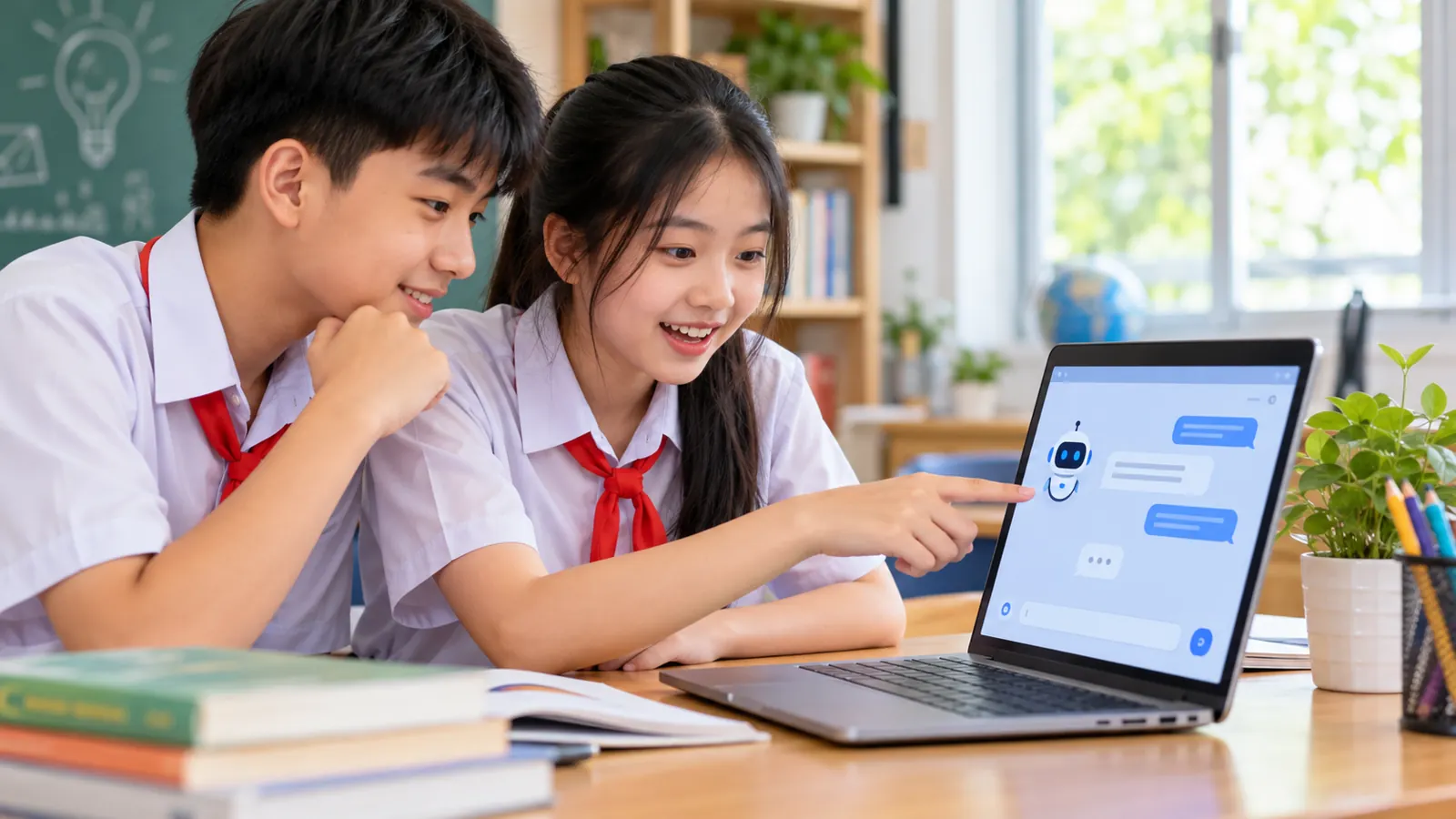 Minh họa học sinh tìm hiểu chatbot trên máy tính