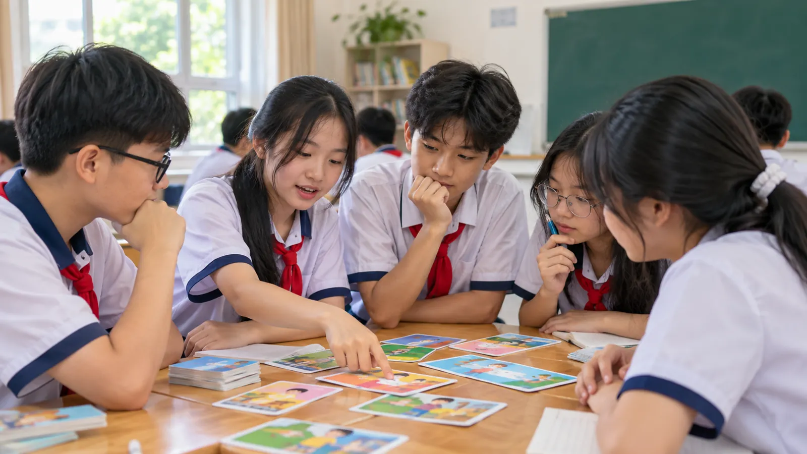 Ảnh mô phỏng nhóm học sinh thực hành thẻ Hai góc nhìn